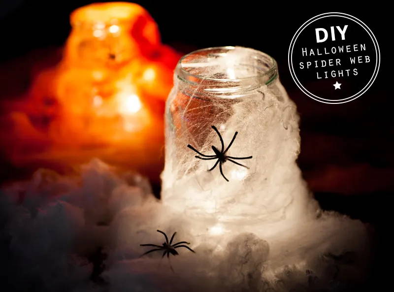 DIY Halloween Lights Using Spider Webs & Mason Jars