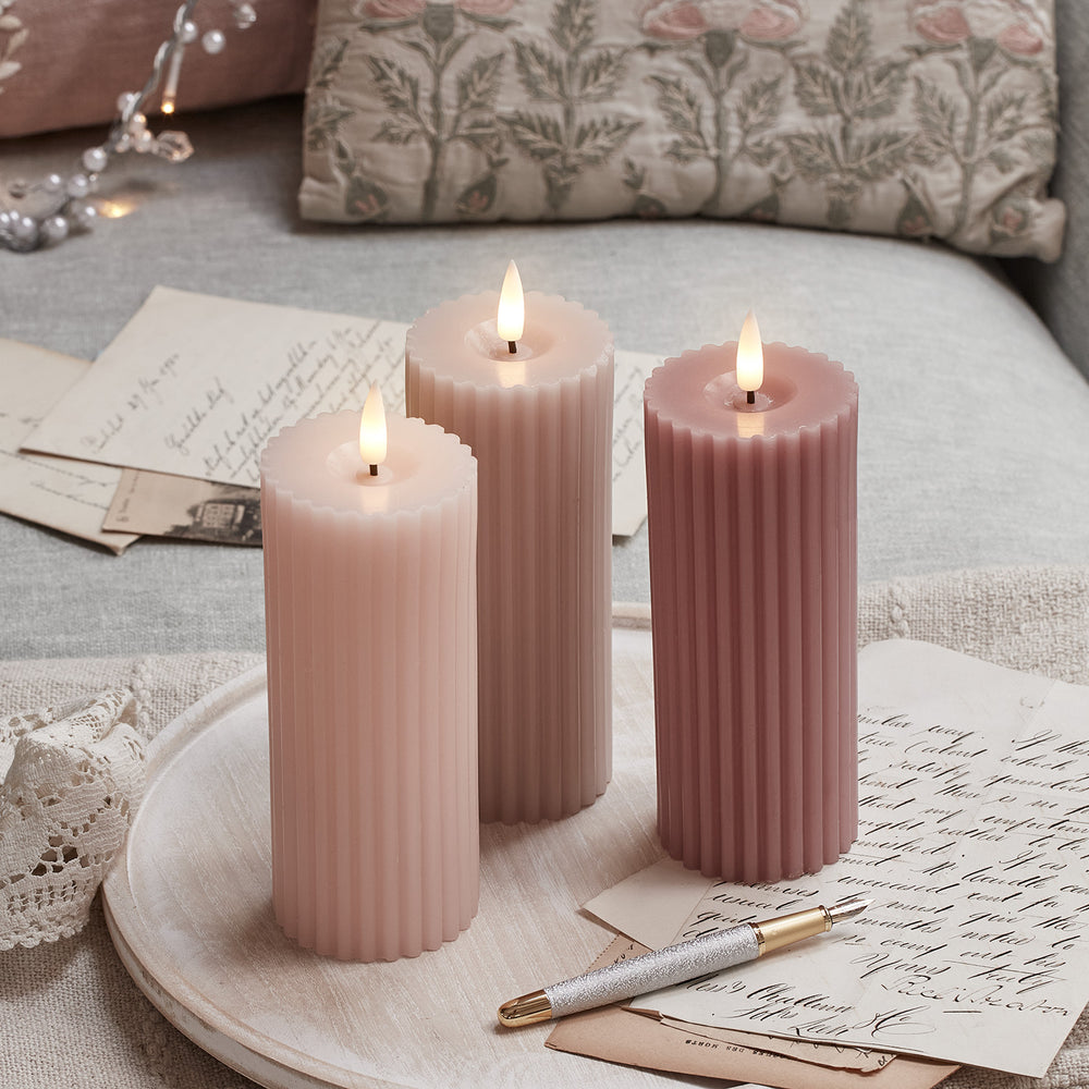3 Fluted Blush Pink TruGlow® Slim Pillar LED Candles
