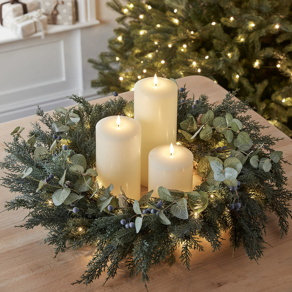 66cm Pre Lit Oversized Frosted Berry and Pinecone Wreath & TruGlow® LED Candle Bundle