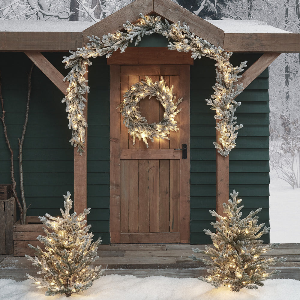 Pre Lit Outdoor Snowy Christmas Wreath, Garland and Trees