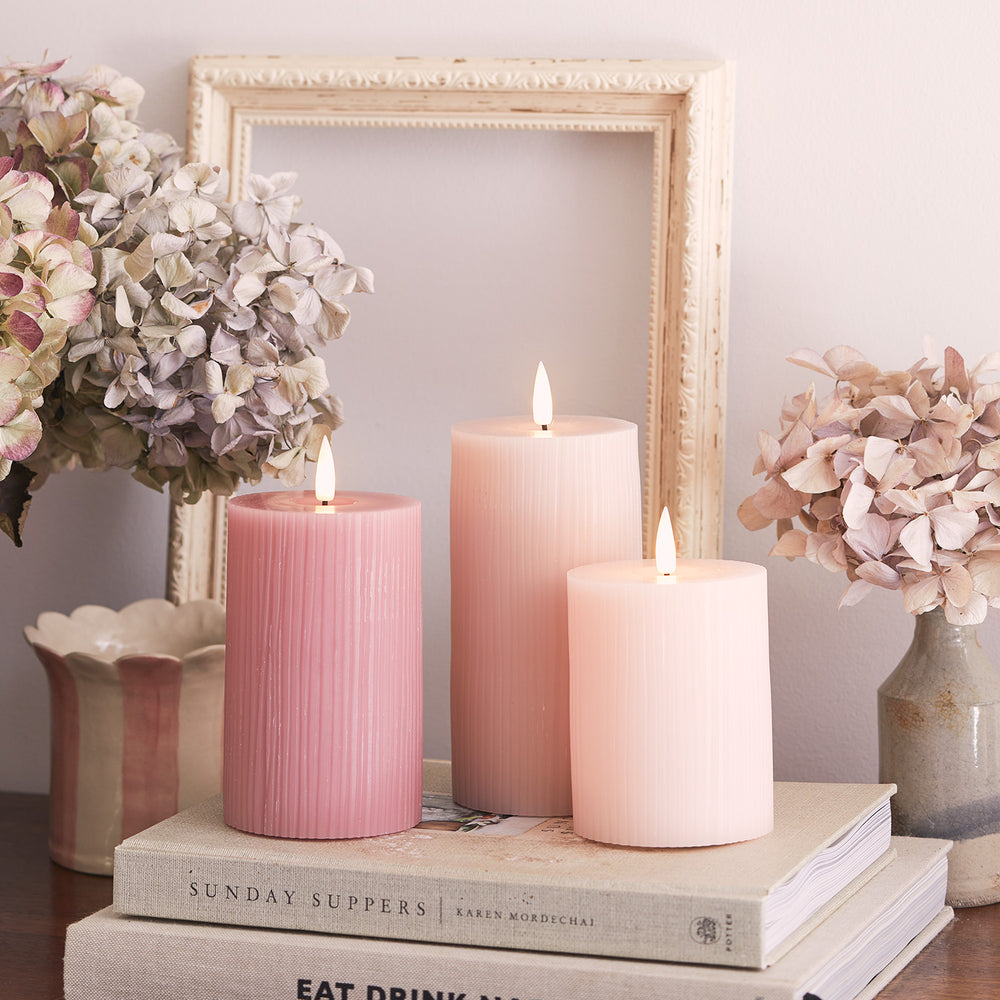 TruGlow® Blush Pink Ribbed Real Wax LED Pillar Candle Trio
