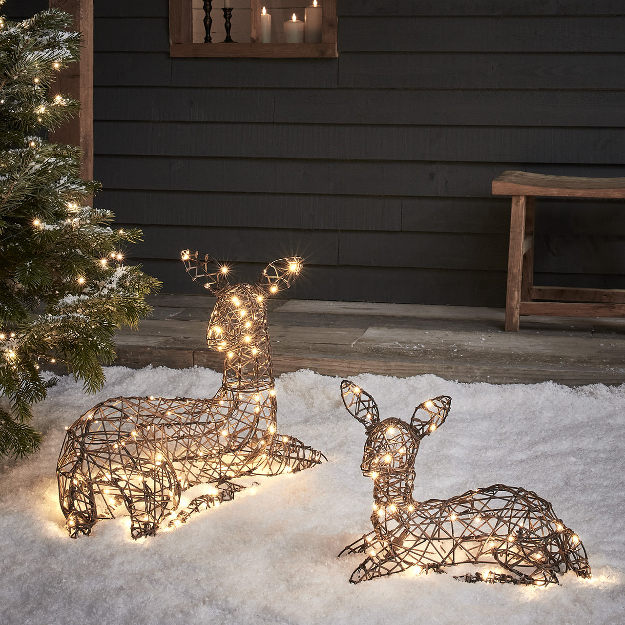 Studley Rattan Resting Doe & Fawn Light Up Reindeer 24v