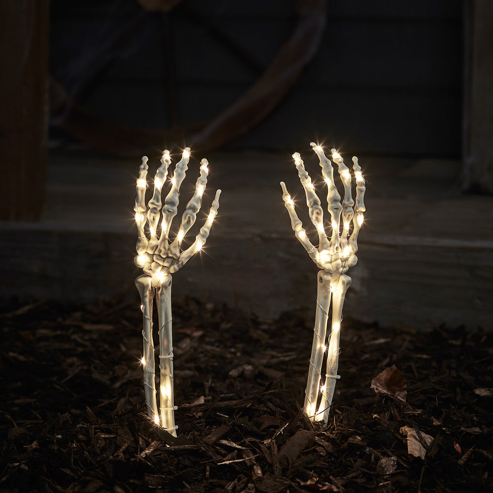 2 Skeleton Hand Halloween Garden Stake Lights