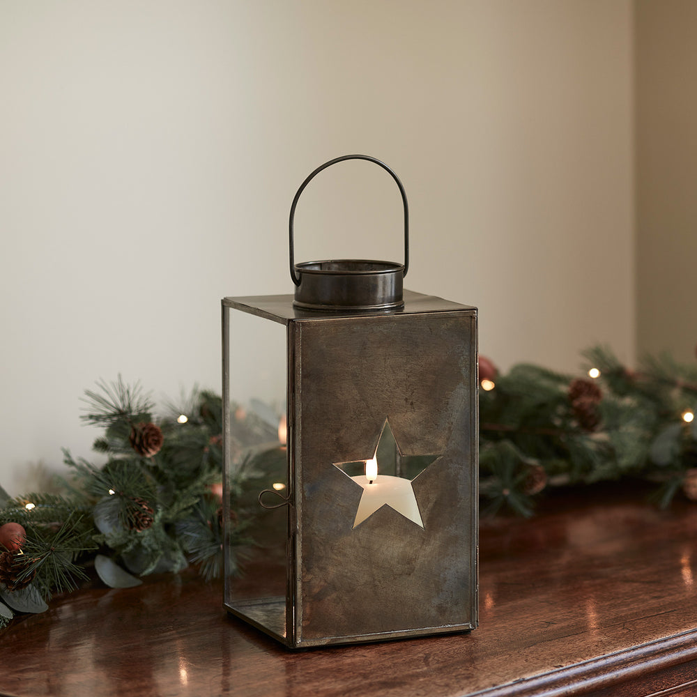 Antique Brass Star Glass Lantern & TruGlow® Candle