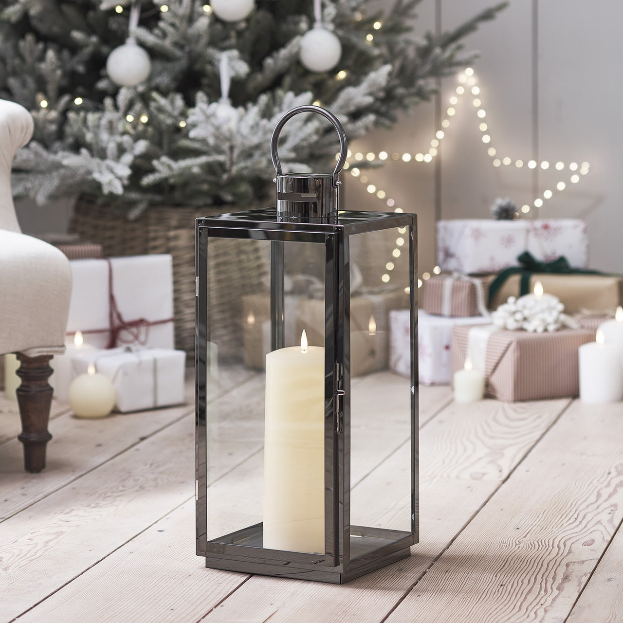 Large Dark Grey Stainless Steel Candle Lantern with TruGlow® Candle