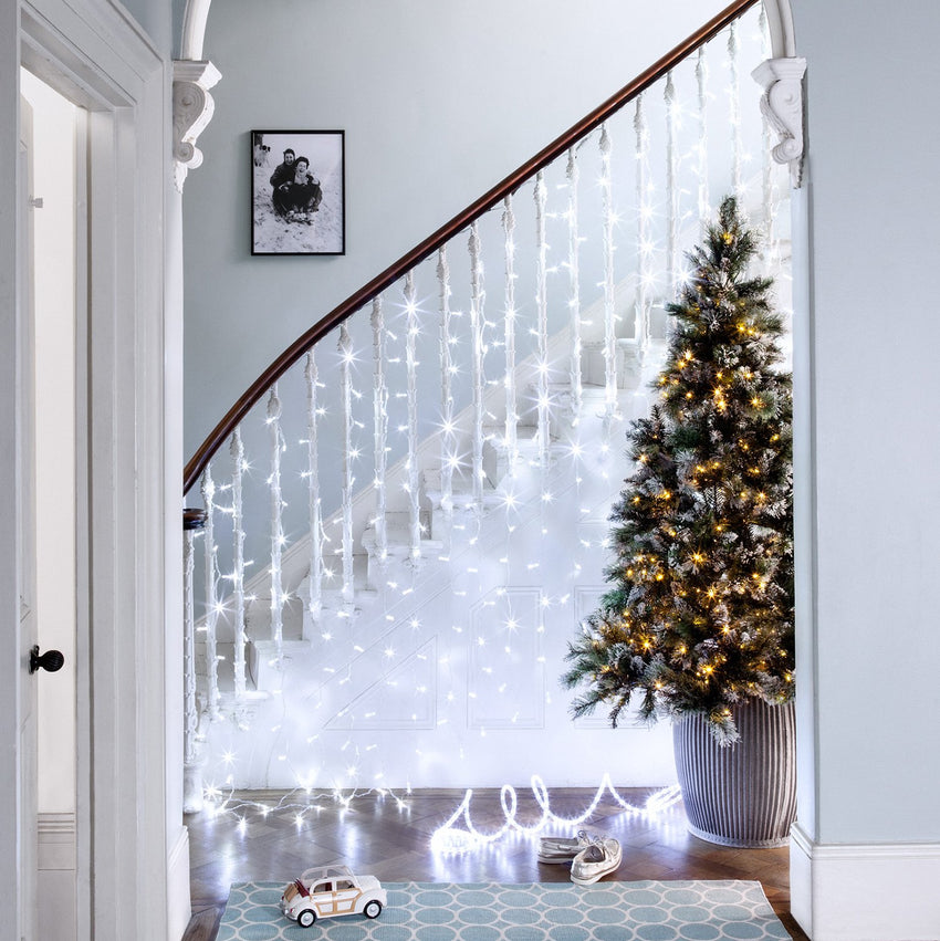 White Curtain Light Christmas Staircase