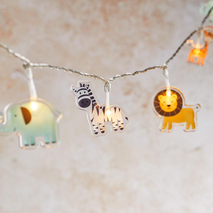 Children's safari fairy lights with animal caps