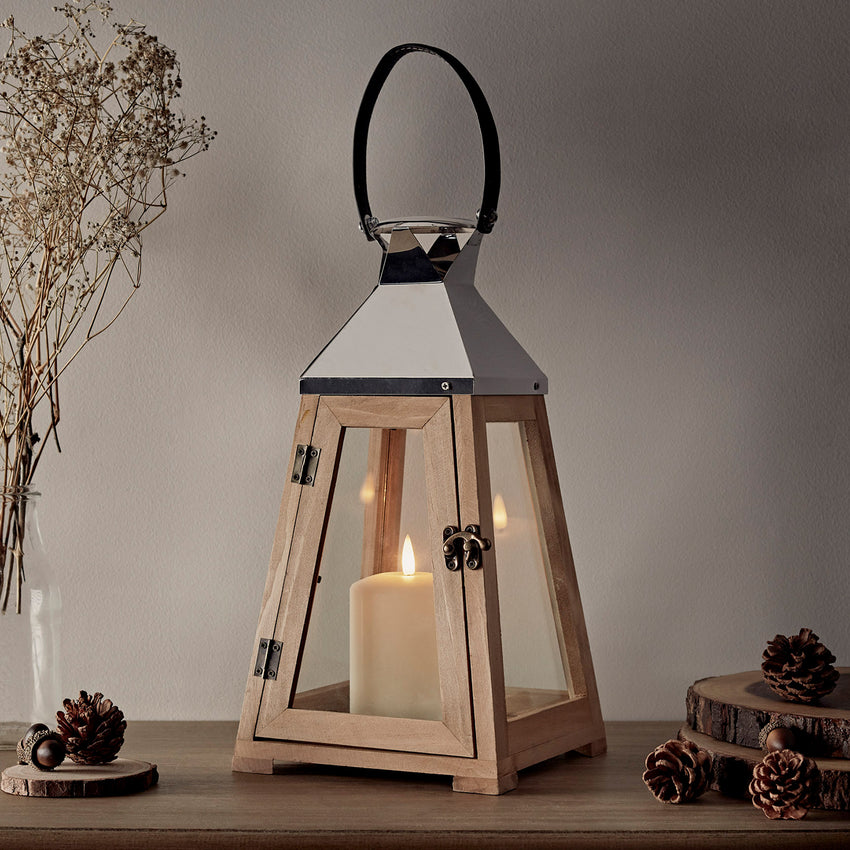 Indoor wooden table lantern with LED pillar candle inside