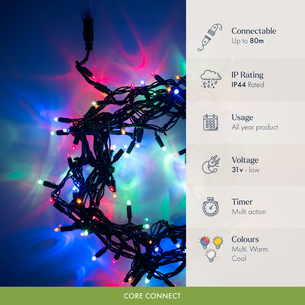 Core Connect 10m 100 Multi Coloured Connectable Fairy Lights Green Cable