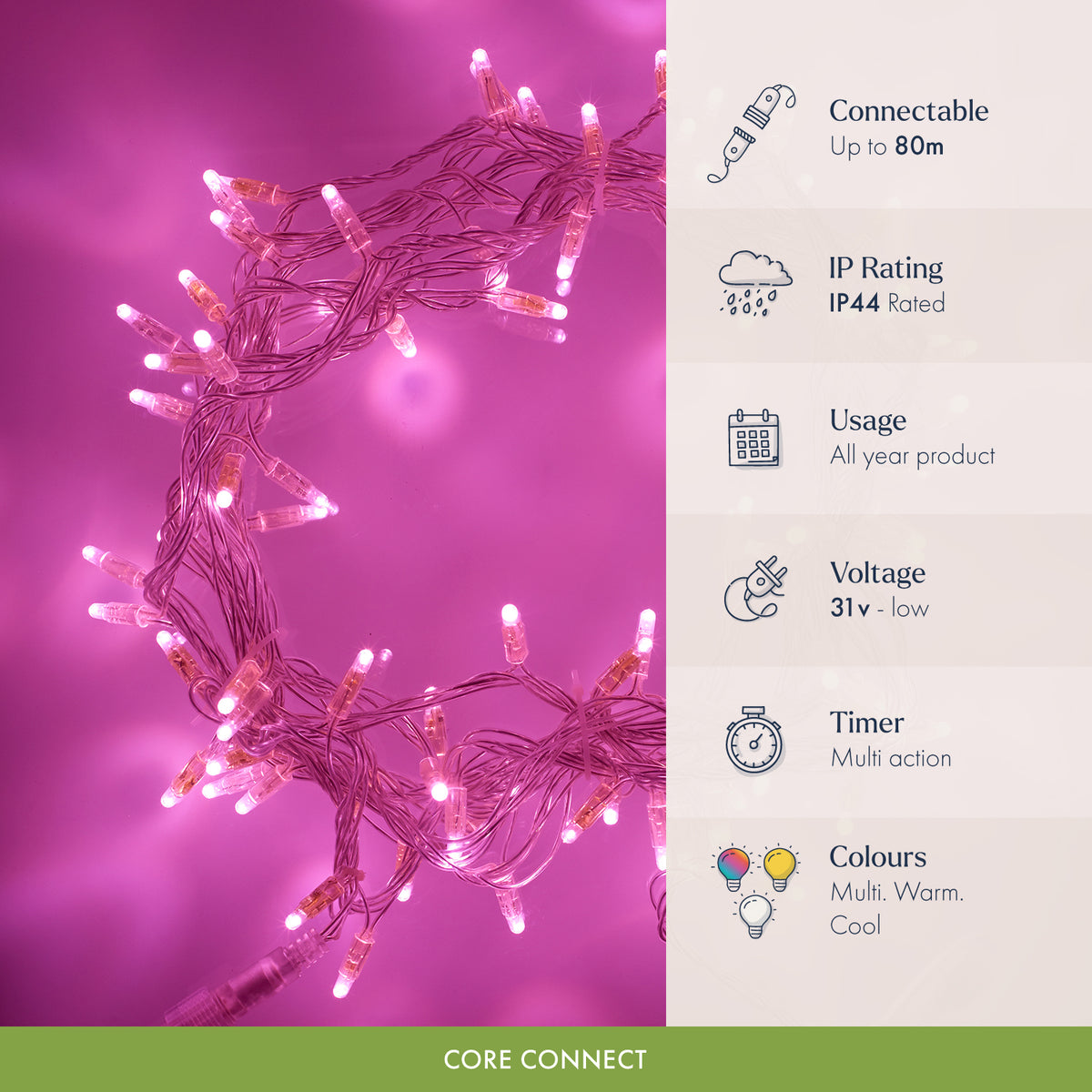Core Connect Pink Connectable Fairy Lights Clear Cable