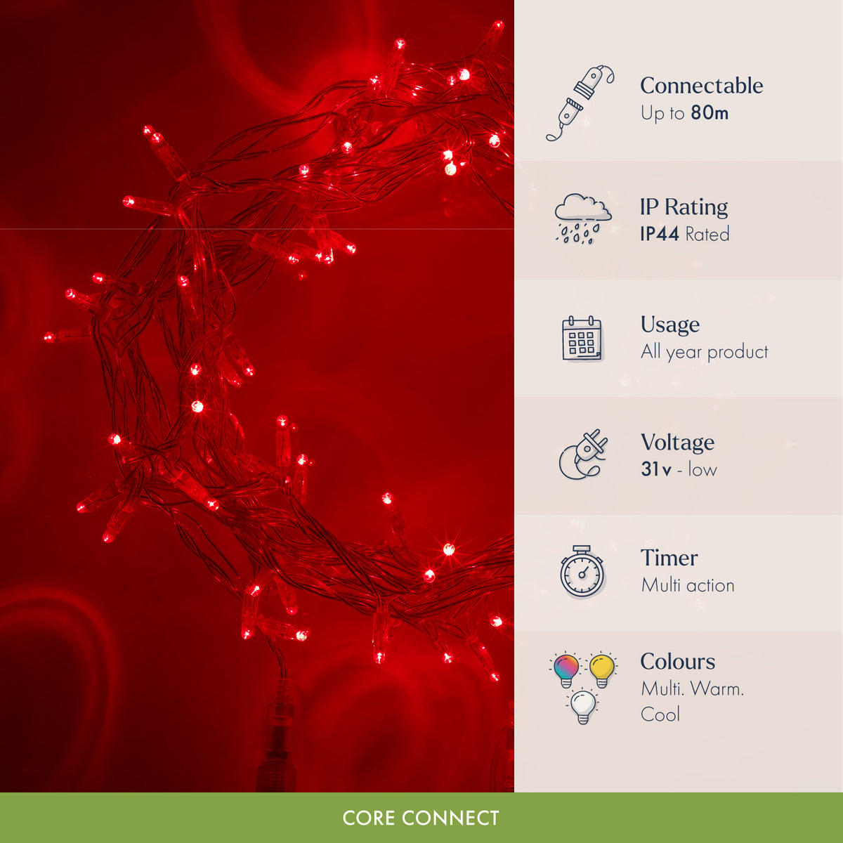 Core Connect 10m 100 Red Connectable Fairy Lights Clear Cable