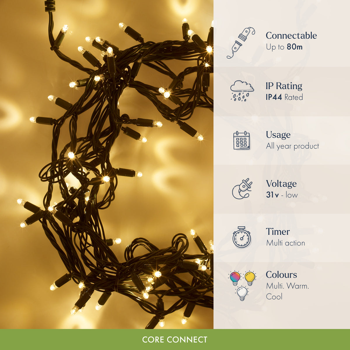 Core Connect 10m 100 Warm White Connectable Fairy Lights Green Cable