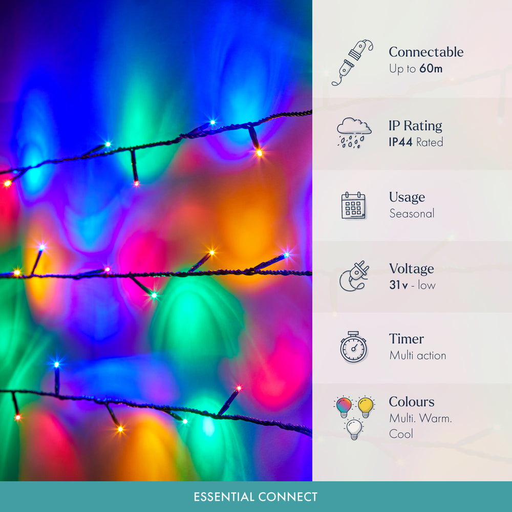 Essential Connect 10m 100 Multi Coloured Connectable Fairy Lights Green Cable