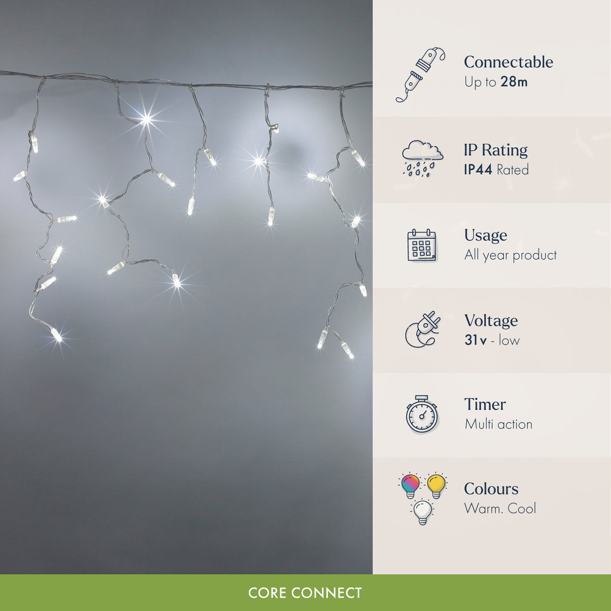 Core Connect White Connectable Icicle Lights Clear Cable