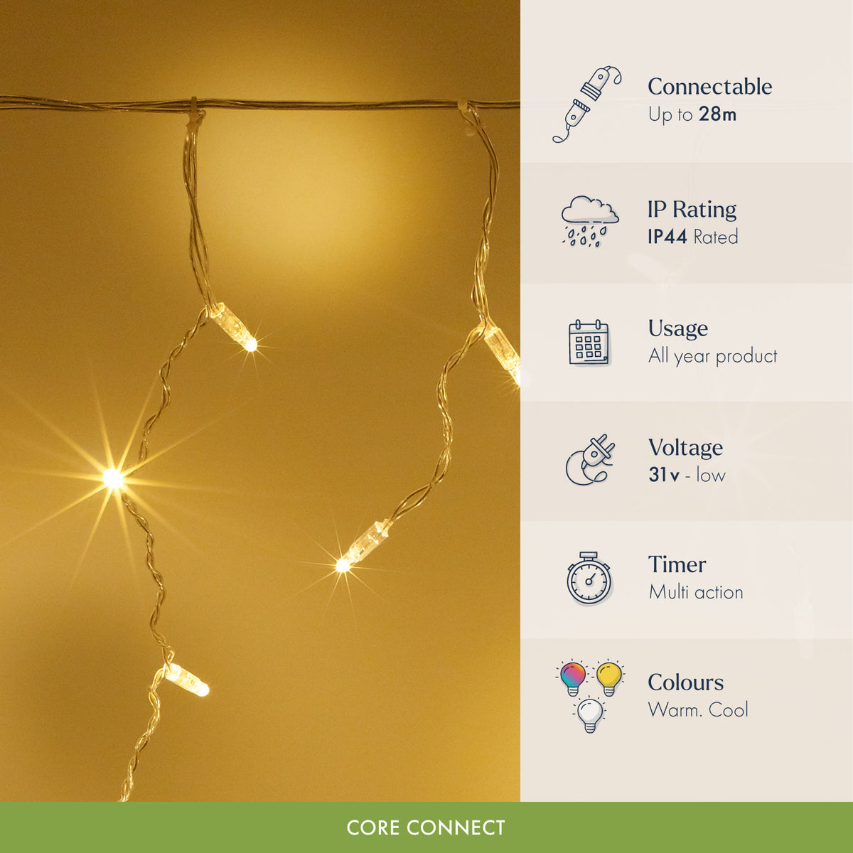 Core Connect 2m 64 Warm White Connectable Icicle Lights Clear Cable