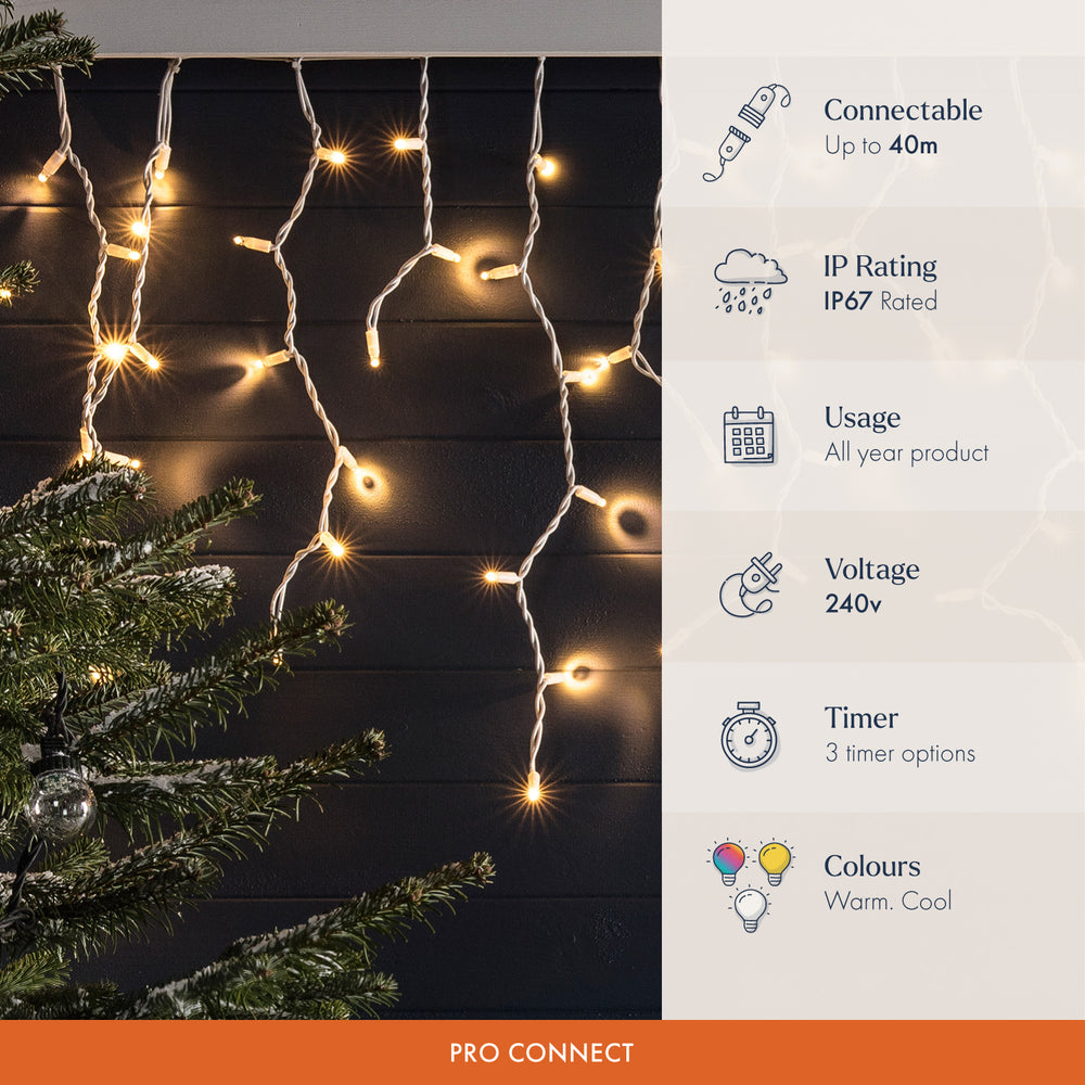 Pro Connect Traditional Warm White Connectable Icicle Lights White Cable
