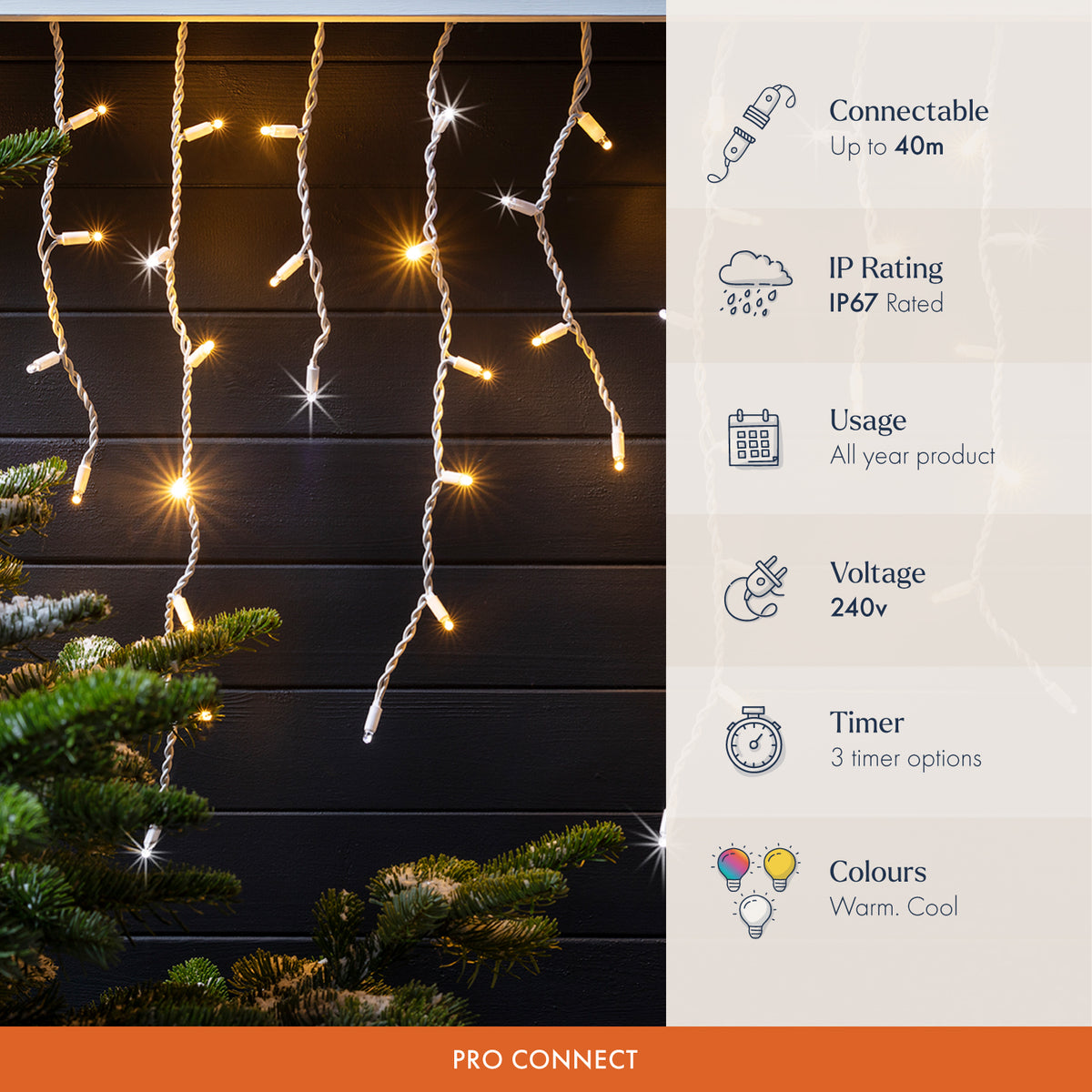 Pro Connect Warm White Sparkling Connectable Icicle Lights White Cable