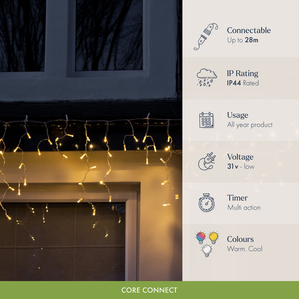 Core Connect 4m 128 Warm White Connectable Icicle Lights Clear Cable