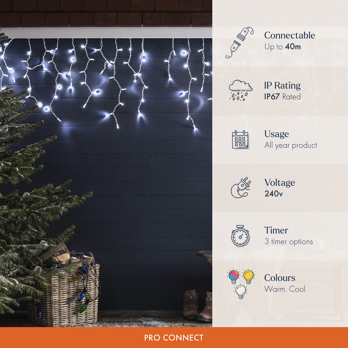 Pro Connect 6m 300 White Connectable Icicle Lights White Cable