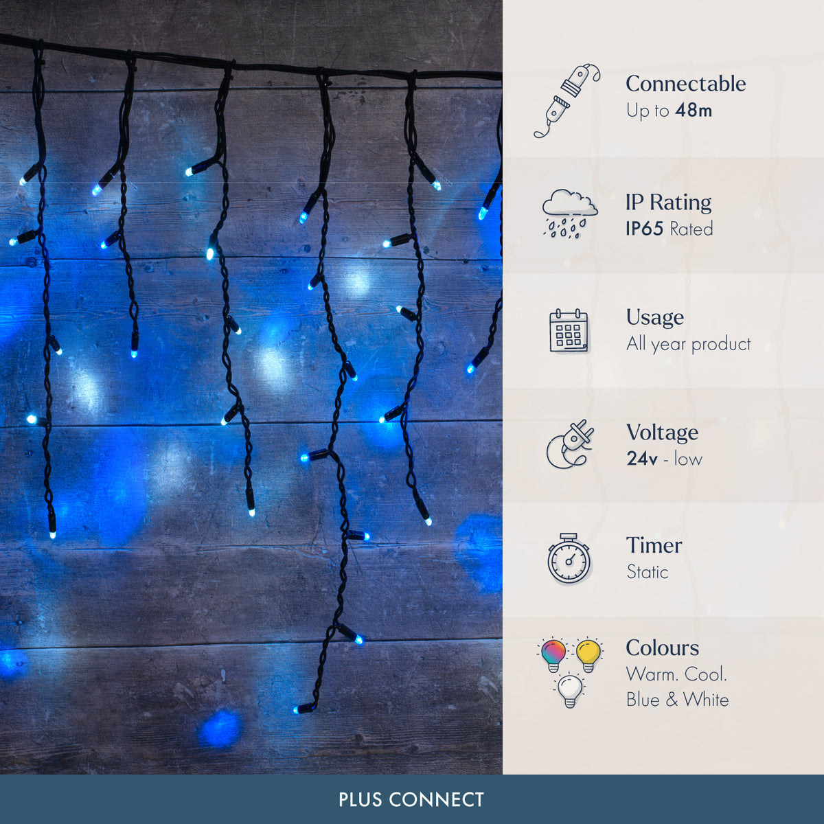 Plus Connect Blue & White Connectable Icicle Lights Black Cable