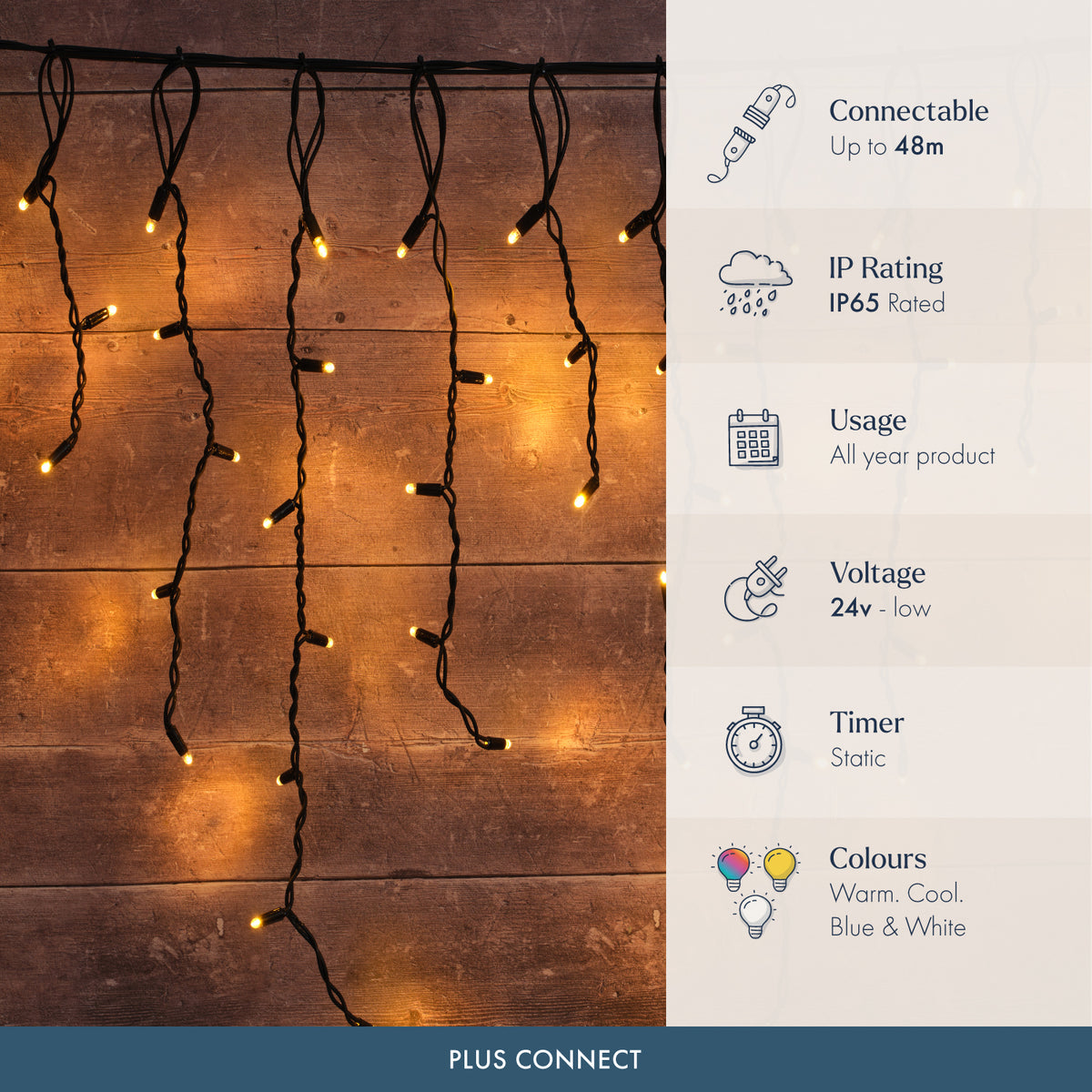 Plus Connect Traditional Warm White Connectable Icicle Lights Black Cable