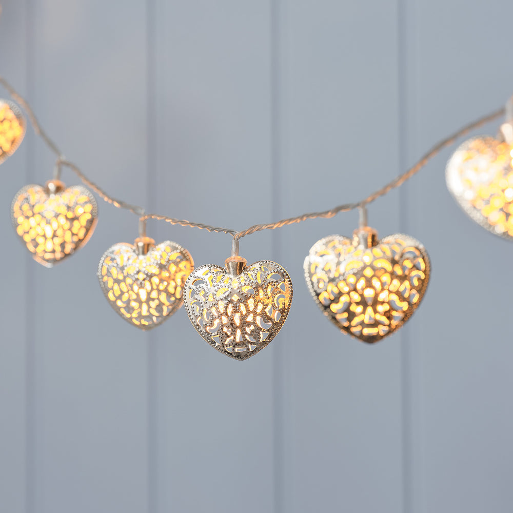 Silver filigree heart string lights