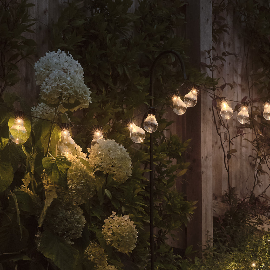 Carnival festoon lights hanging next to a fence