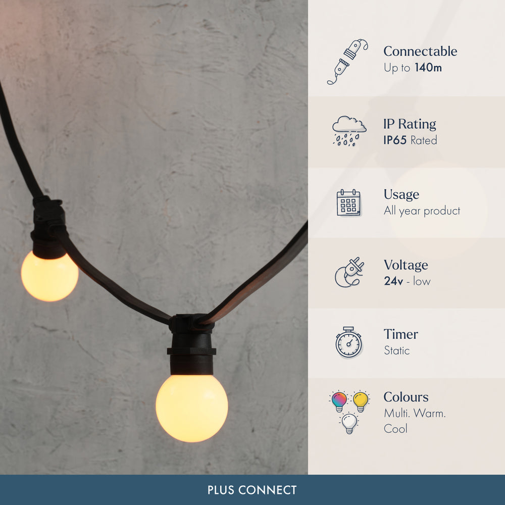 Plus Connect Warm White Connectable Festoon Lights G60 Bulb Frosted Cap Black Cable