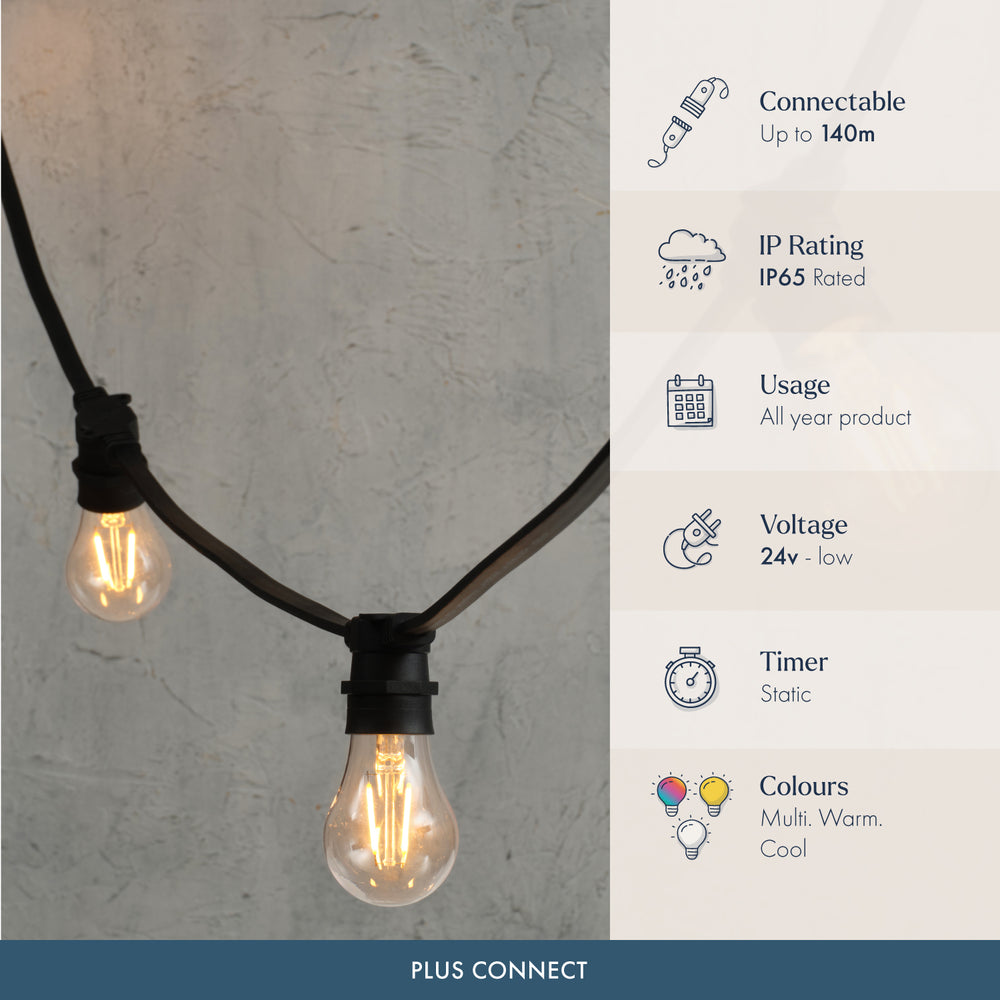 Plus Connect Warm White Connectable Festoon Lights A60 Bulb Clear Cap Black Cable