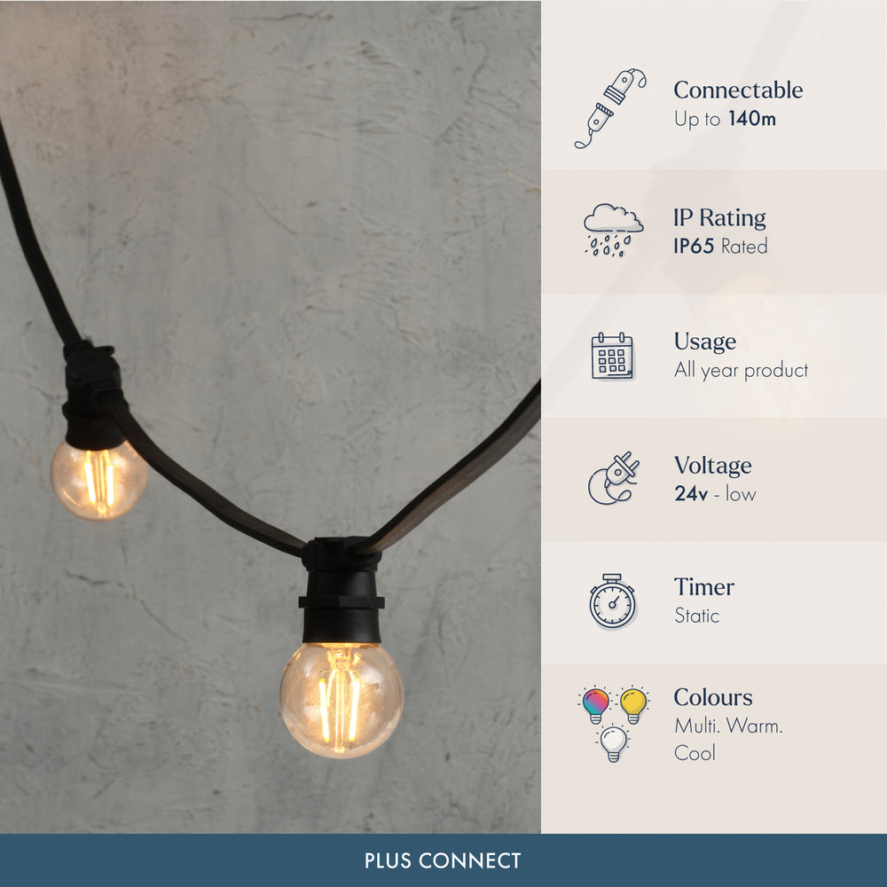 Plus Connect Warm White Connectable Festoon Lights G60 Bulb Clear Cap Black Cable
