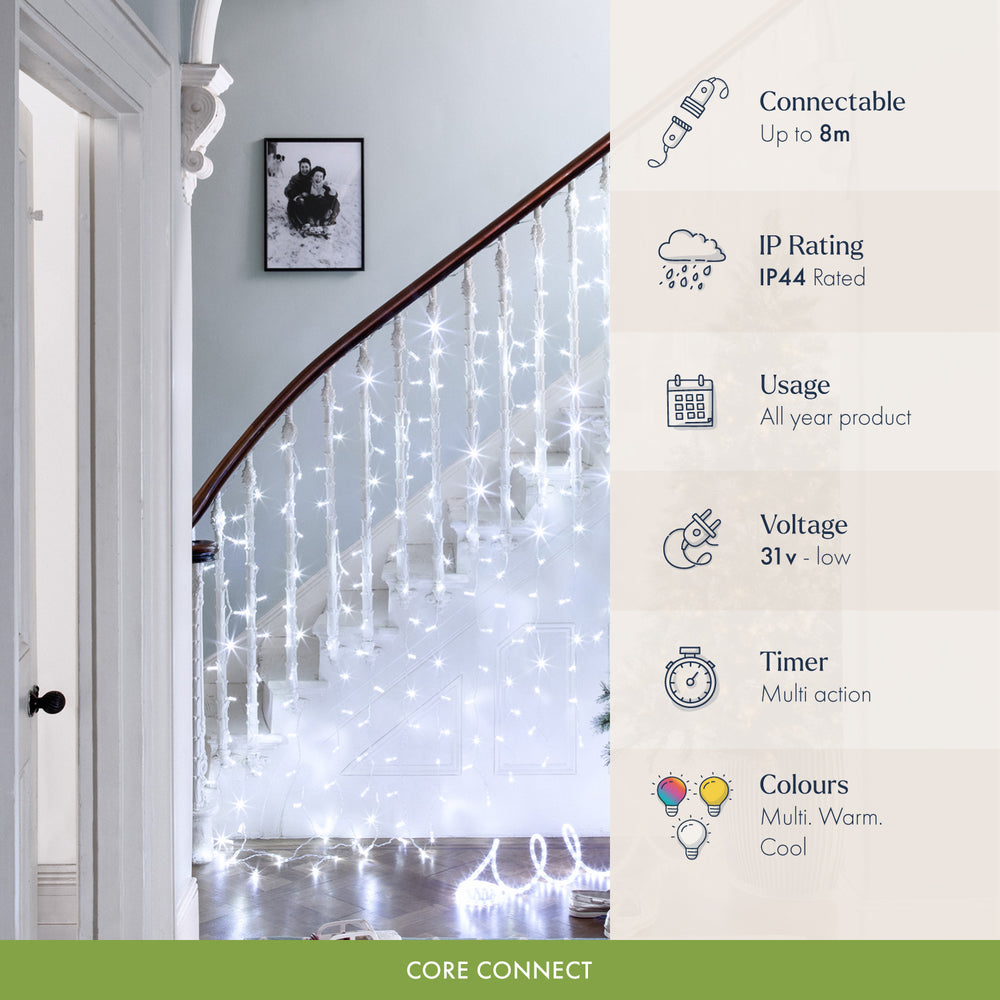 Core Connect 2m x 2m 192 White Connectable Curtain Lights Clear Cable