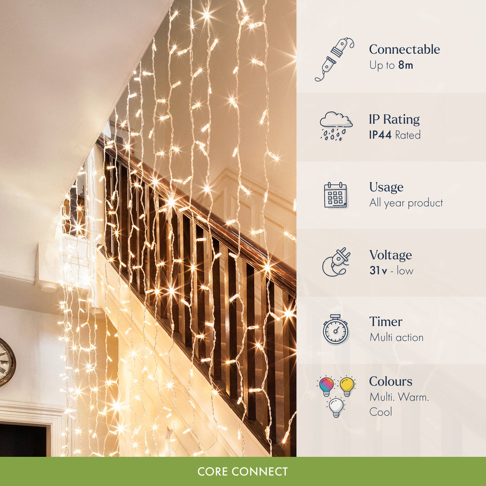 Core Connect 2m x 2m 192 Warm White Connectable Curtain Lights Clear Cable