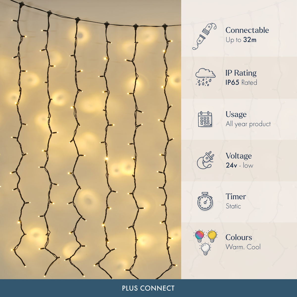 Plus Connect Traditional Warm White Connectable Curtain Lights Black Cable