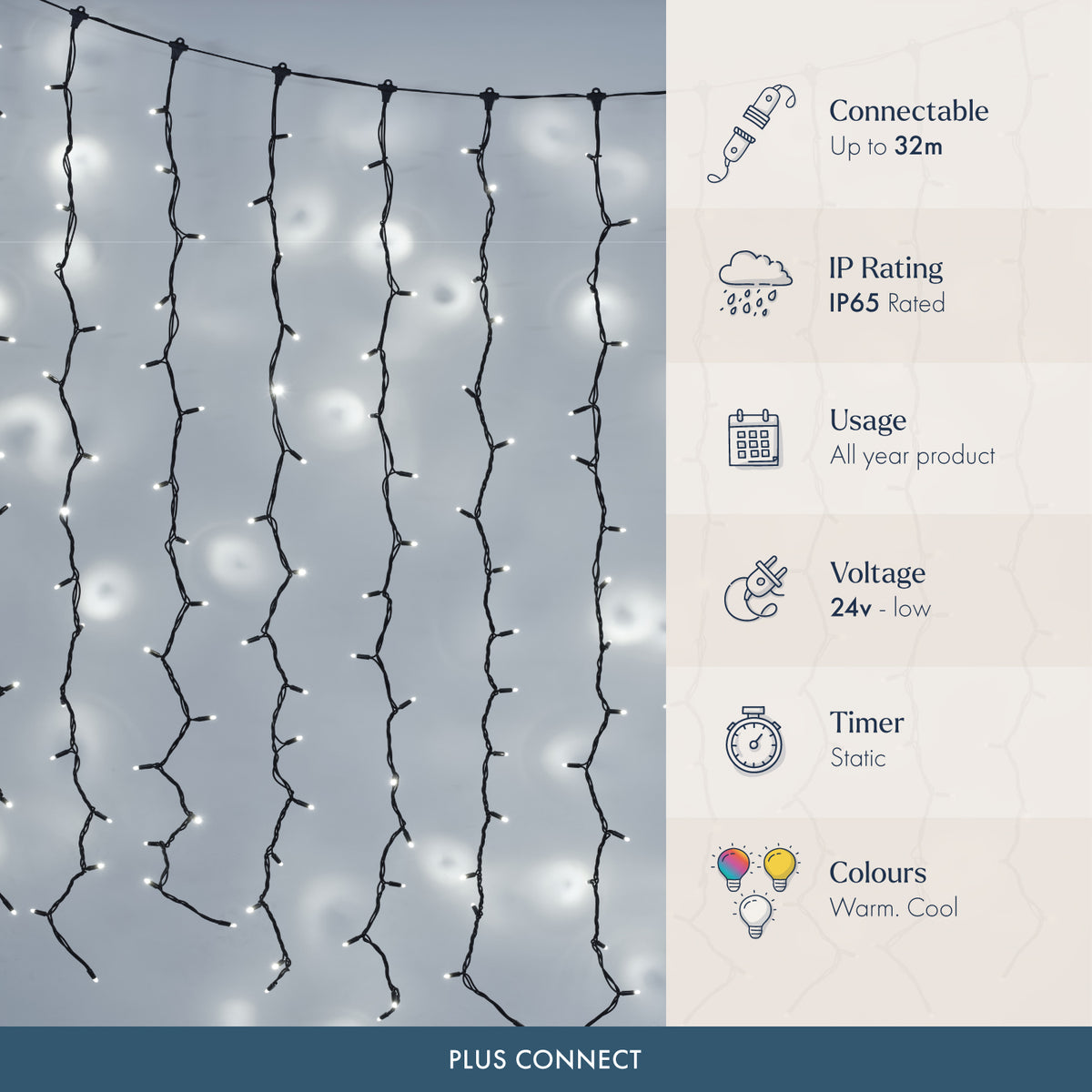 Plus Connect White Connectable Curtain Lights Black Cable