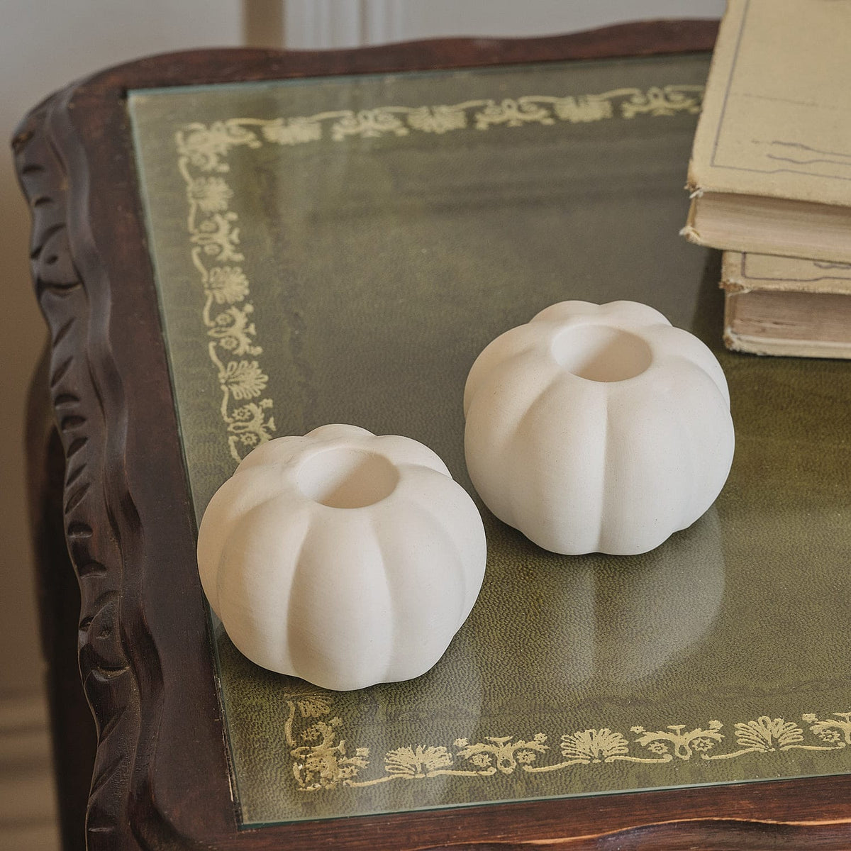 2 Matte White Ceramic Pumpkin Taper Candle Holders