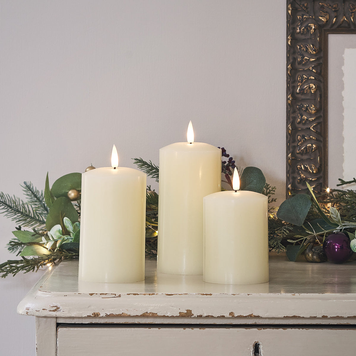 Ivory Wax LED Pillar Candle Trio - styled product view