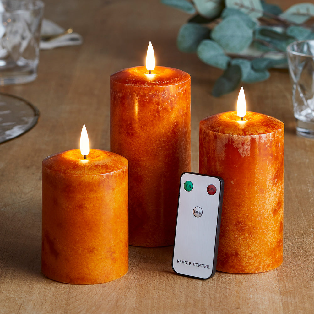 TruGlow® Mottled Orange Real Wax LED Autumn Candle Trio with Remote Control