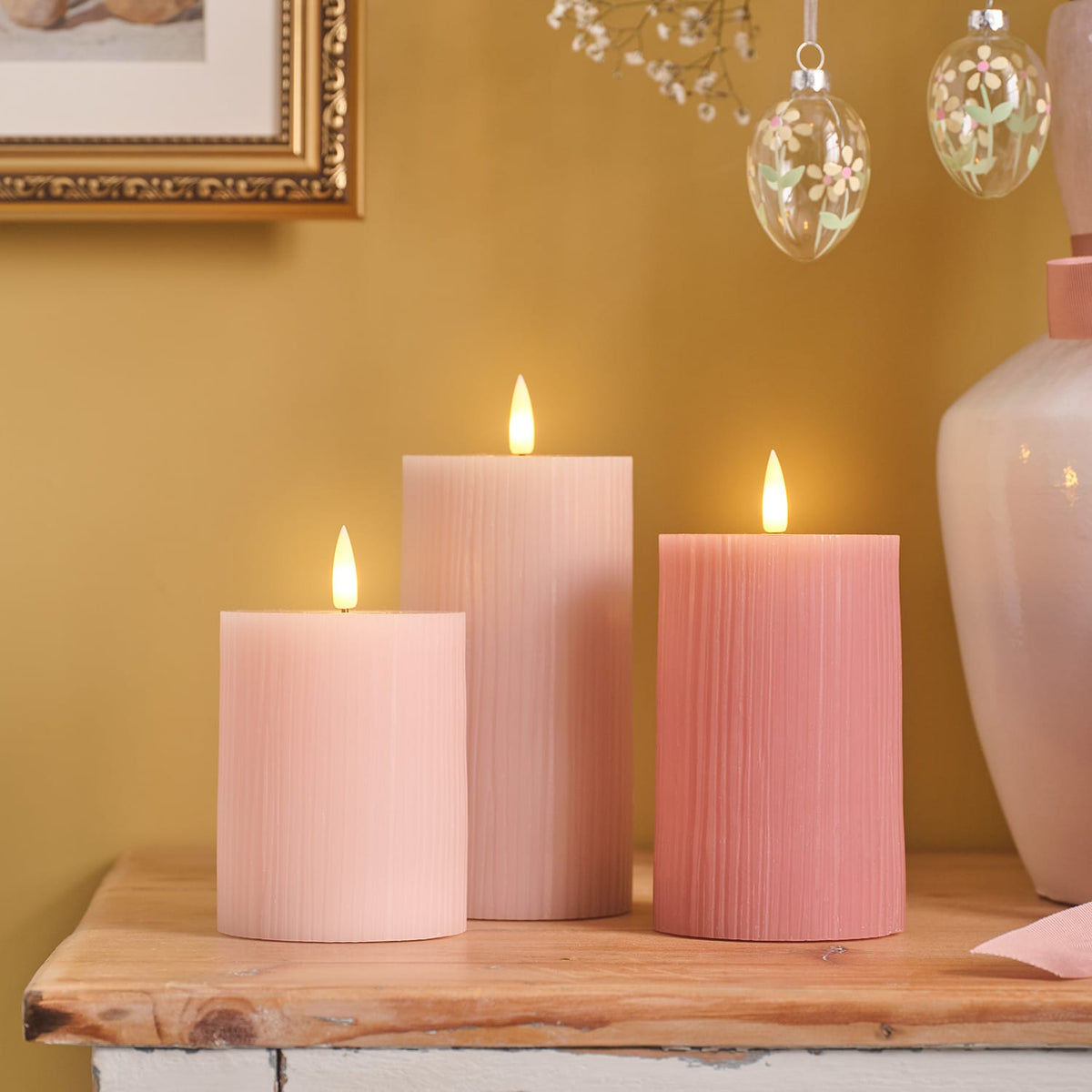 Blush Pink Ribbed LED Candle Trio - styled product view