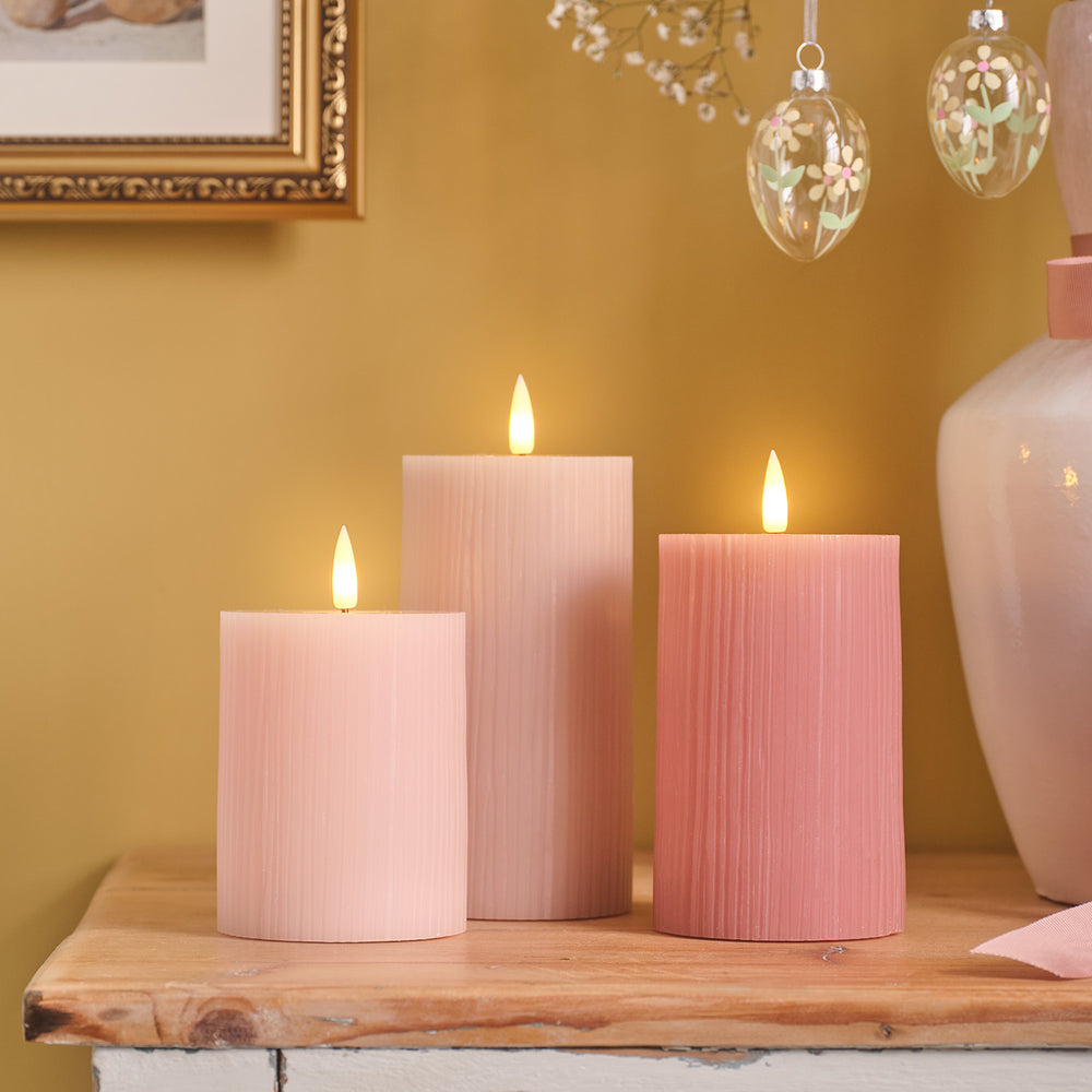 TruGlow® Blush Pink Ribbed LED Pillar Candle Trio