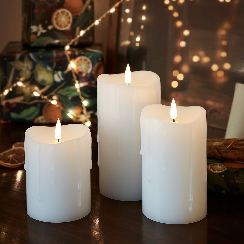 TruGlow® White Dripping Wax LED Pillar Candle Trio with Remote Control