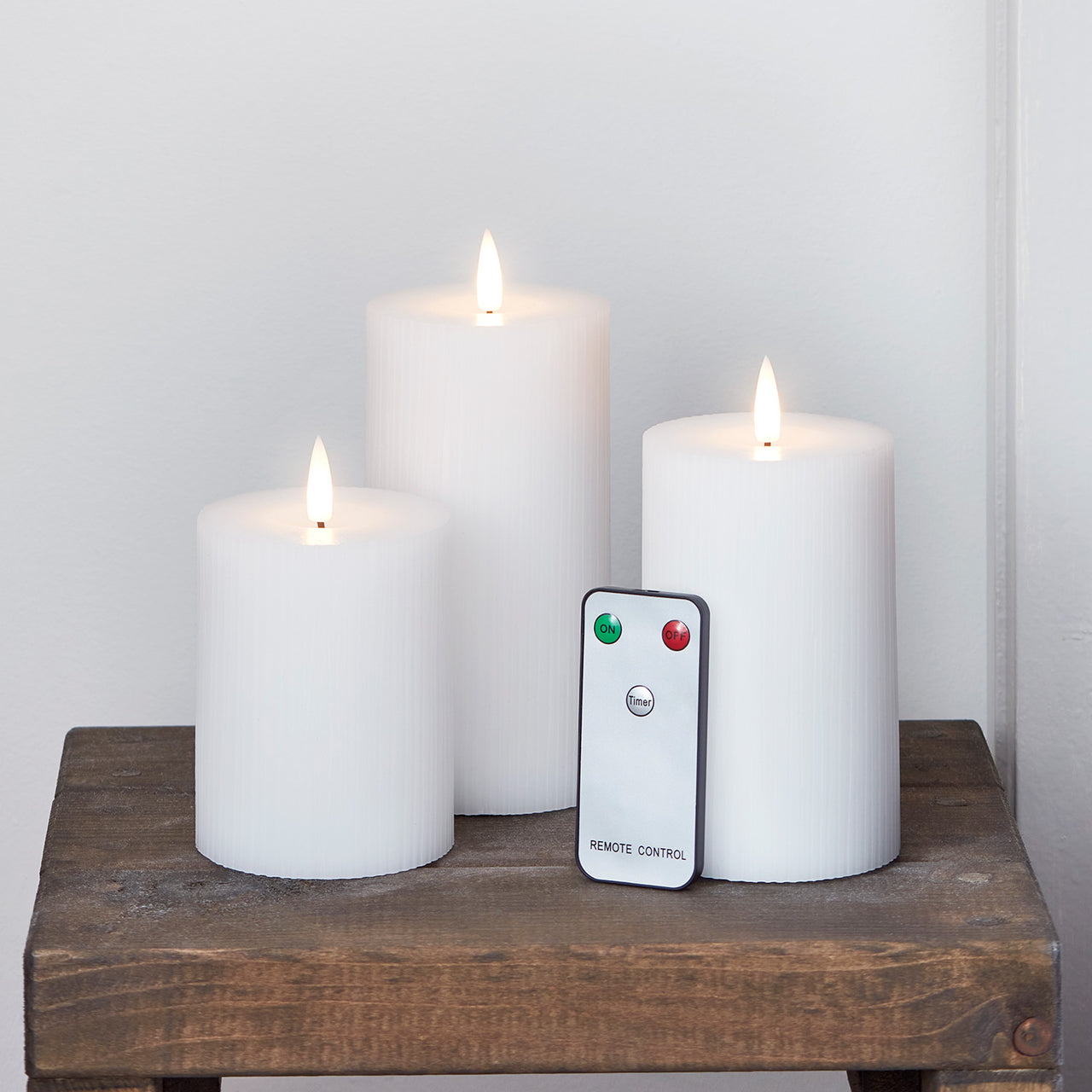 TruGlow® White Ribbed LED Pillar Candle Trio with Remote Control