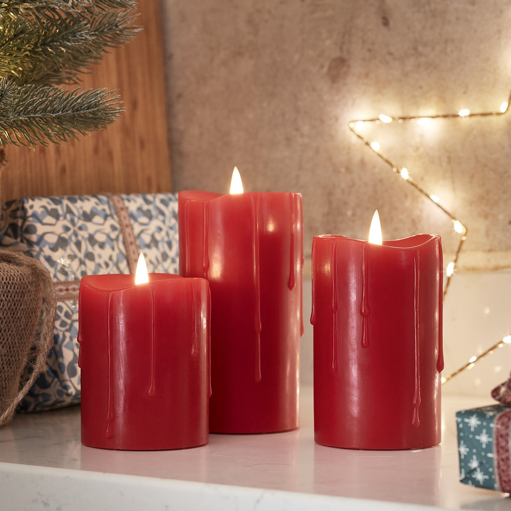 TruGlow® Red Dripping Wax LED Pillar Candle Trio