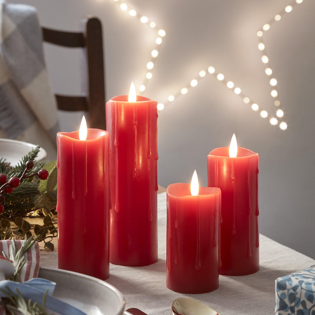 4 Red TruGlow® Dripping Wax LED Slim Pillar Candles
