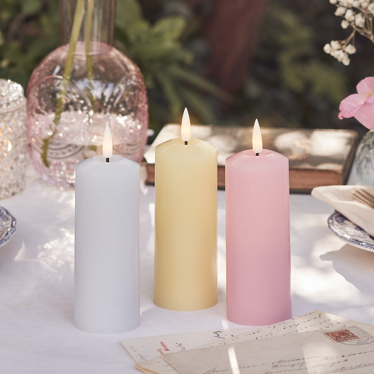 3 Pastel TruGlow® Slim Pillar Candles