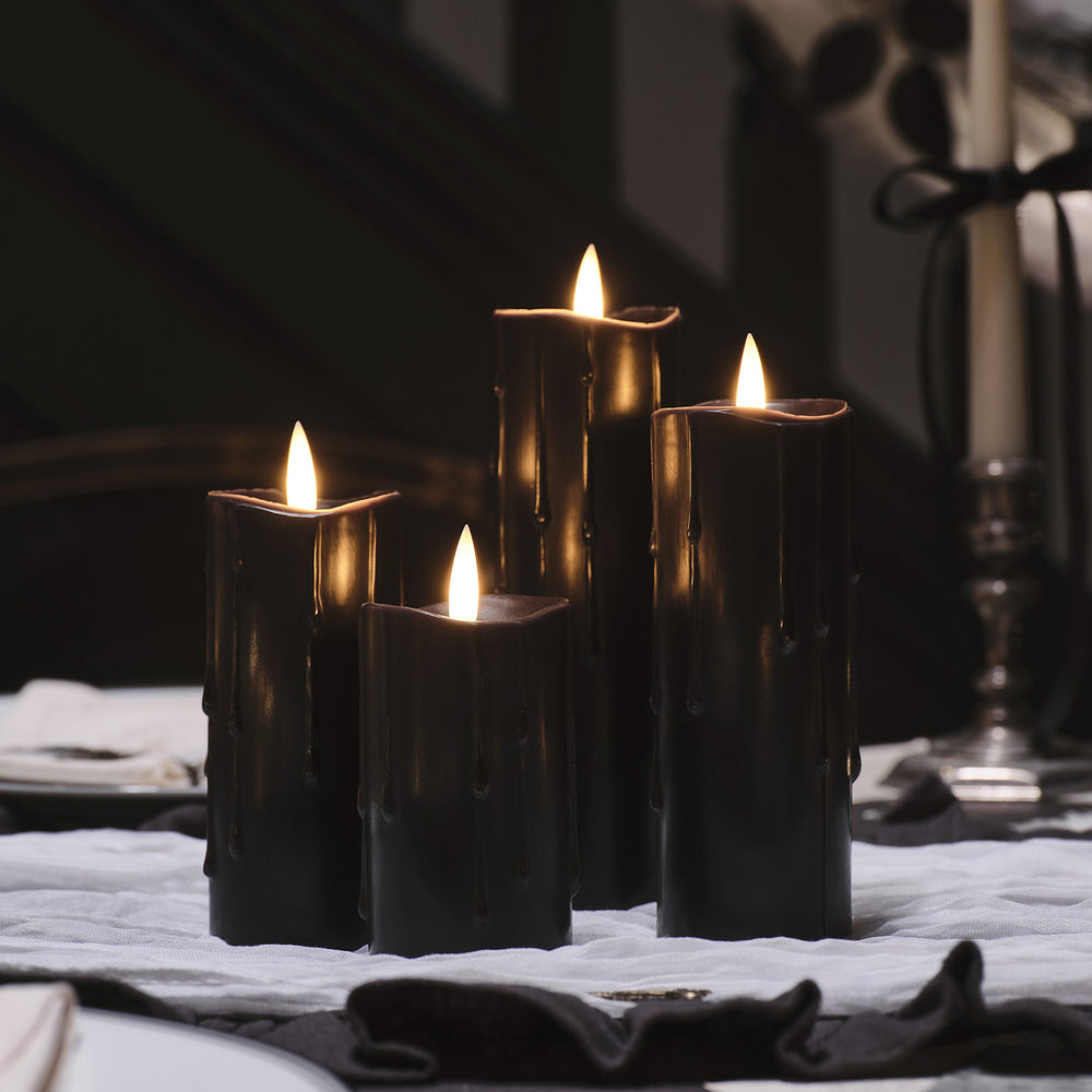 4 TruGlow® Black Dripping Wax LED Slim Pillar Candles