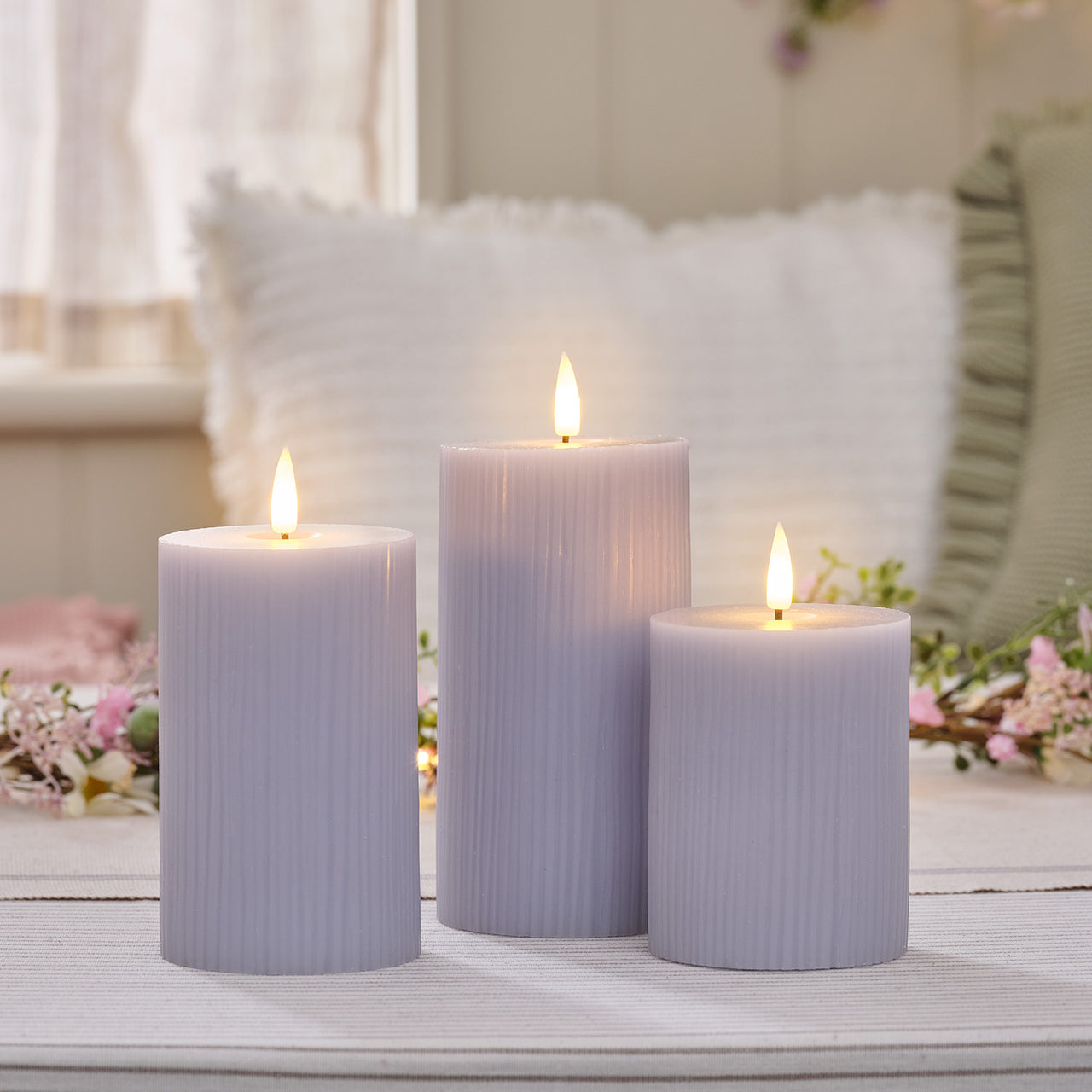 TruGlow® Lilac Ribbed LED Pillar Candle Trio with Remote Control