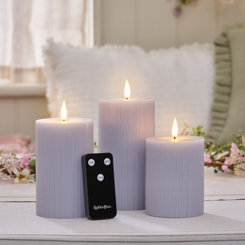 TruGlow® Lilac Ribbed LED Pillar Candle Trio with Remote Control