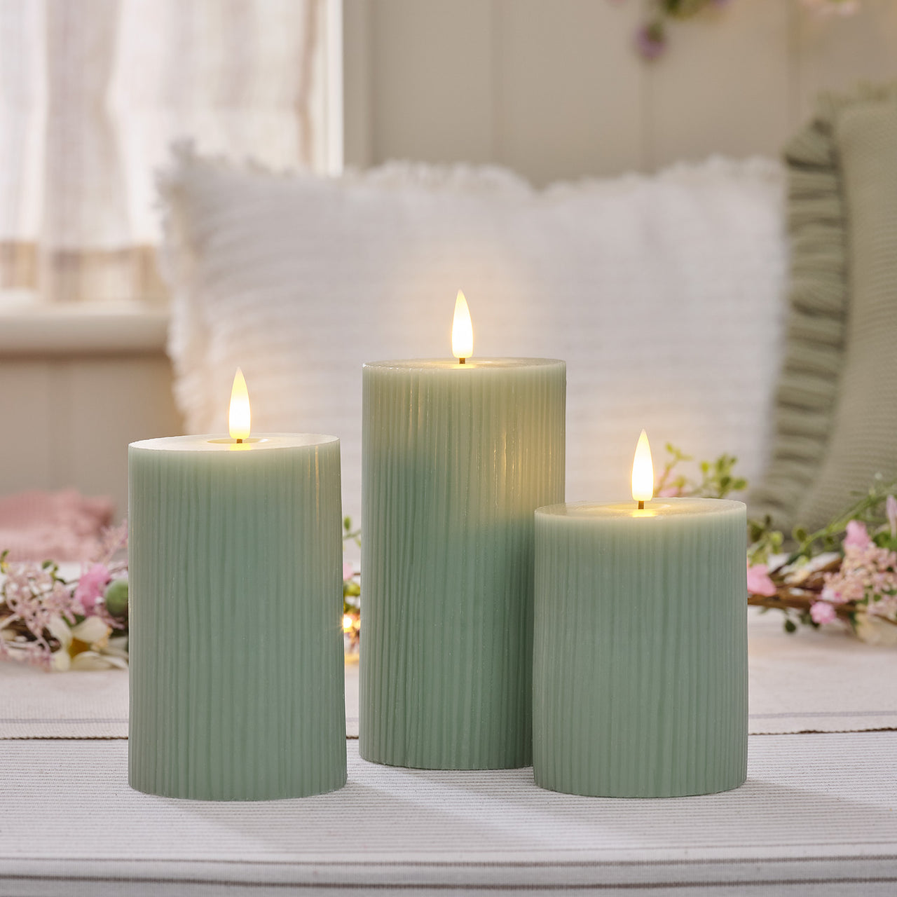 TruGlow® Sage Green Ribbed LED Pillar Candle Trio with Remote Control