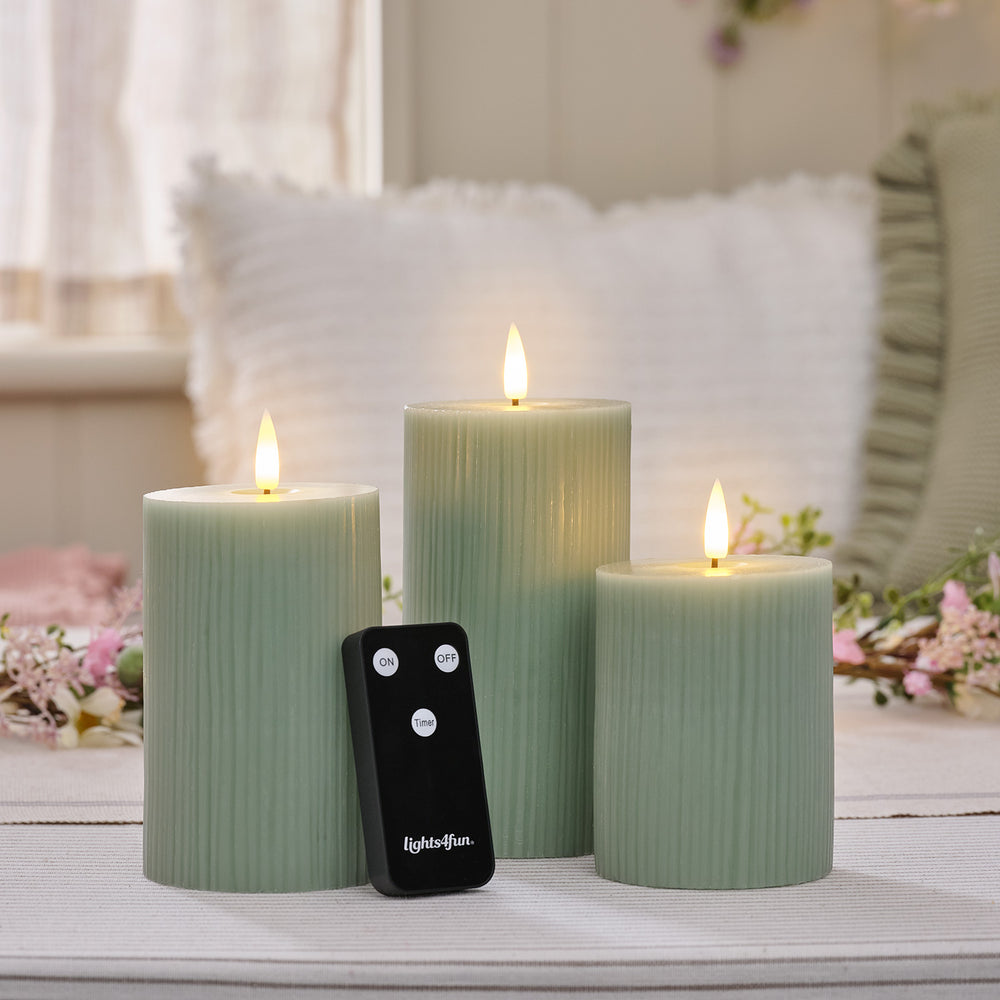 TruGlow® Sage Green Ribbed LED Pillar Candle Trio with Remote Control