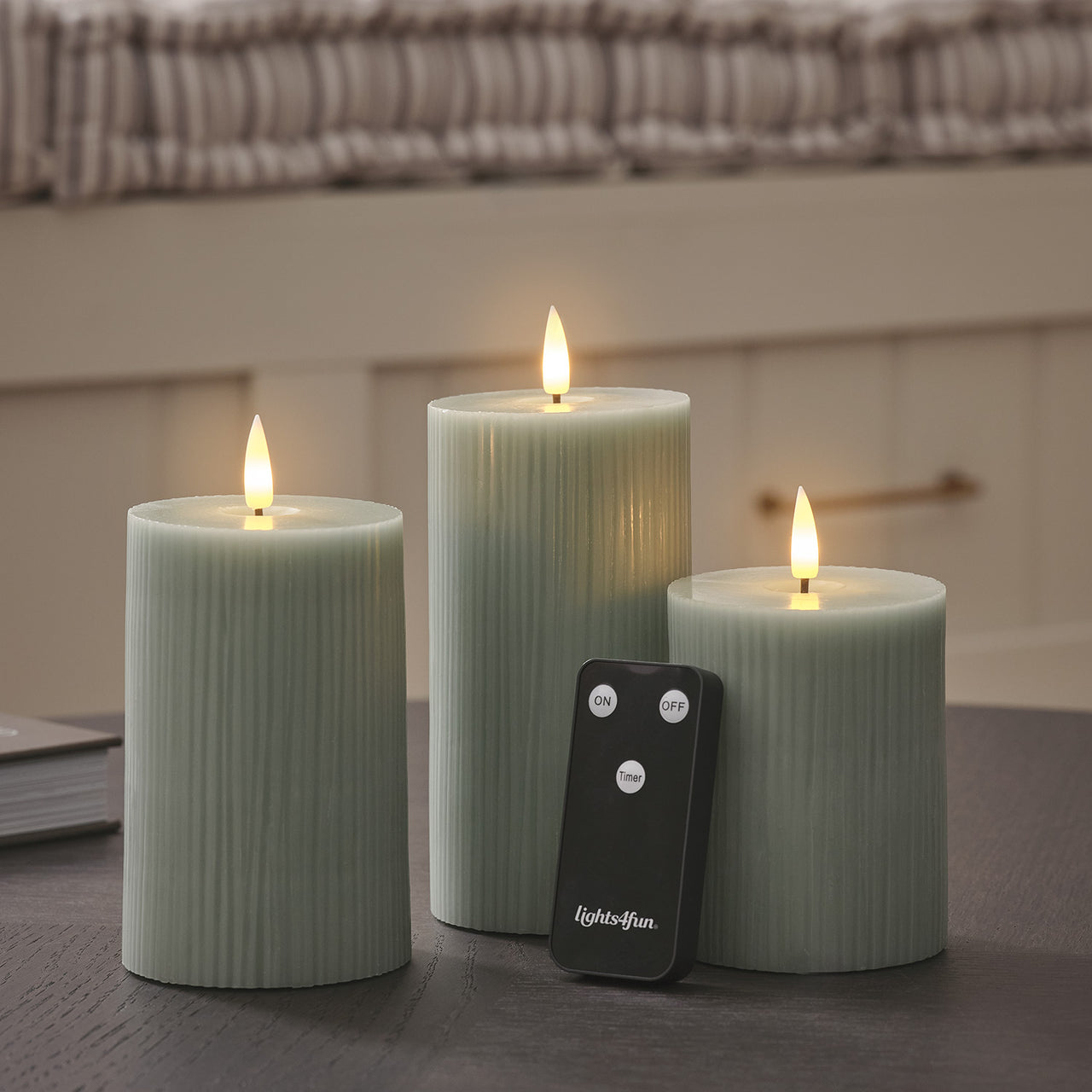 TruGlow® Sage Green Ribbed LED Pillar Candle Trio with Remote Control